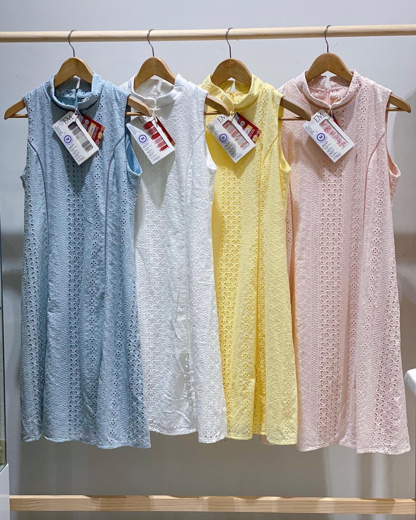 Eyelet Cheongsum (White, Blue, Yellow, Pink) - TMTSG - www.themadtheories.com